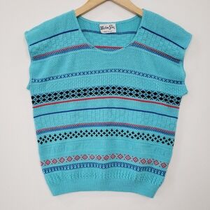Vintage Sweater Vest Womens Large Turquoise Blue 80s Geometric Knit USA Retro